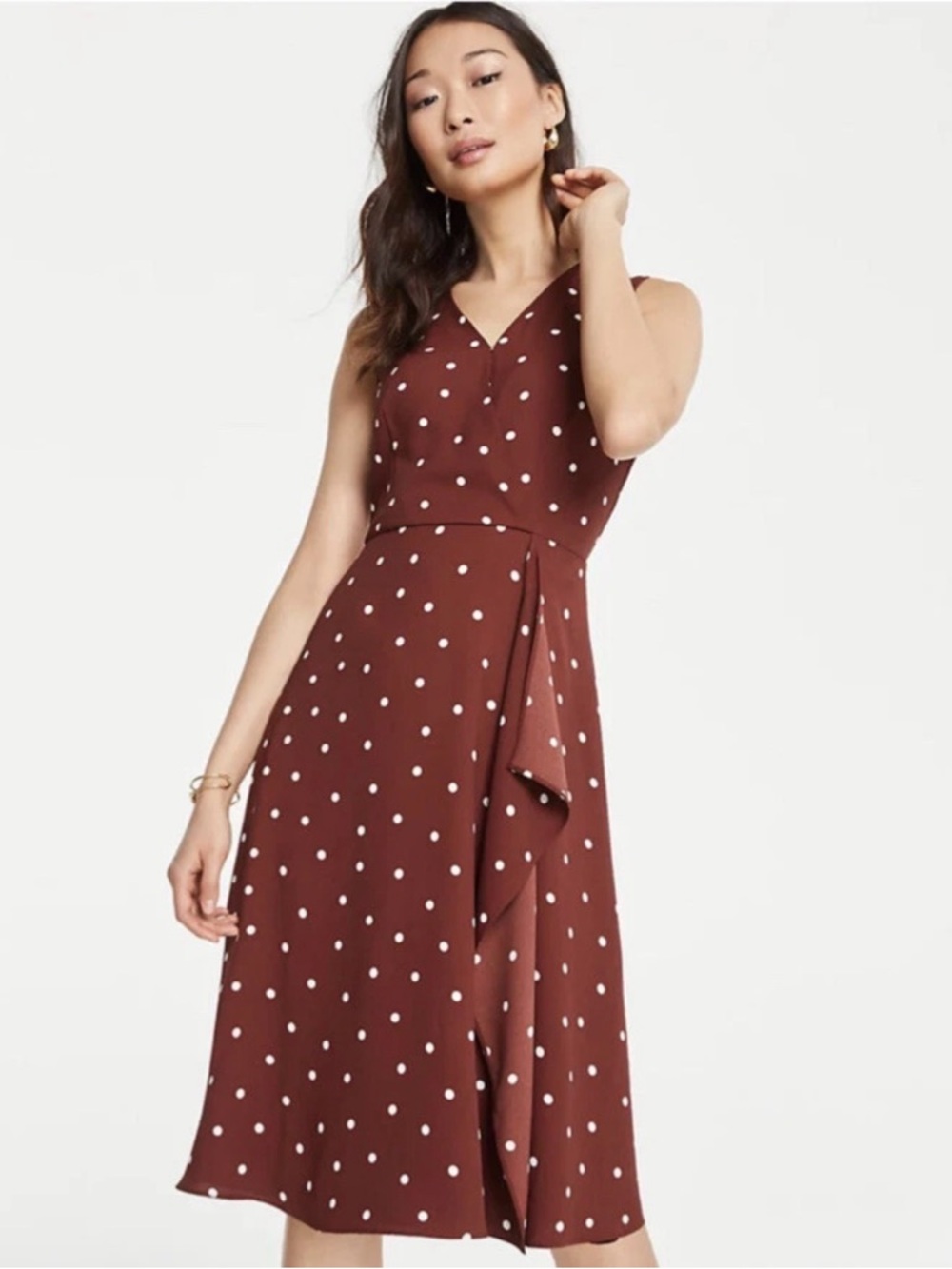 NWT‎ Ann Taylor Cottage Core Summer Dress Brown Polka Dot Sz 00P